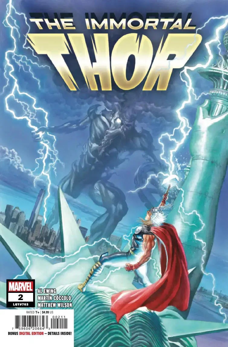 Portada de Immortal Thor #2: Thor se encuentra encima de la Estatua de la Libertad mientras una figura sombría a la que le falta un ojo y una cuenca ocular brillante carga hacia él. Portada de Immortal Thor #2: Thor se encuentra encima de la Estatua de la Libertad mientras una figura sombría a la que le falta un ojo y una cuenca ocular brillante carga hacia él.