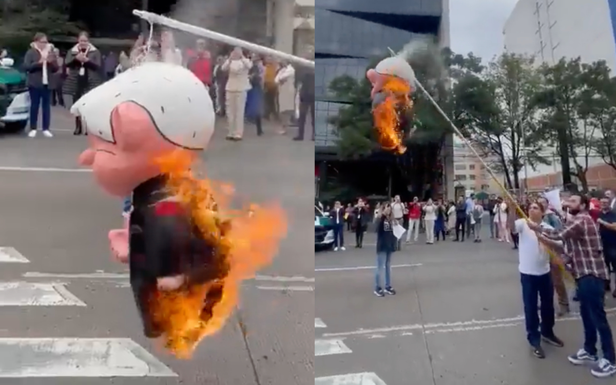 Trabajadores del Poder Judicial queman piñata de AMLO por desaparición de fideicomisos