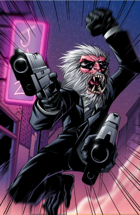 Hit-Monkey salta de la página y apunta con un arma directamente al lector.