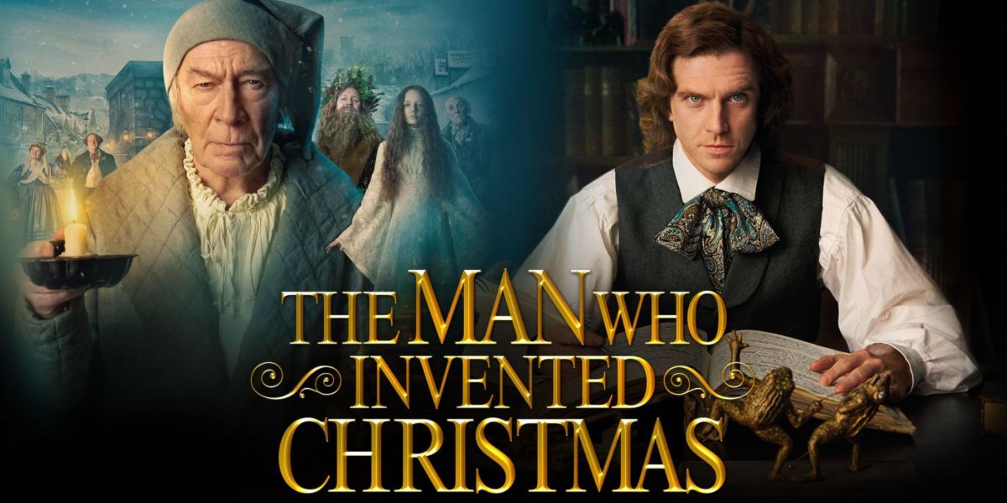 Christopher Plummer como Scrooge y Dan Stevens como Charlie Dickens en el cartel de El hombre que inventó la Navidad