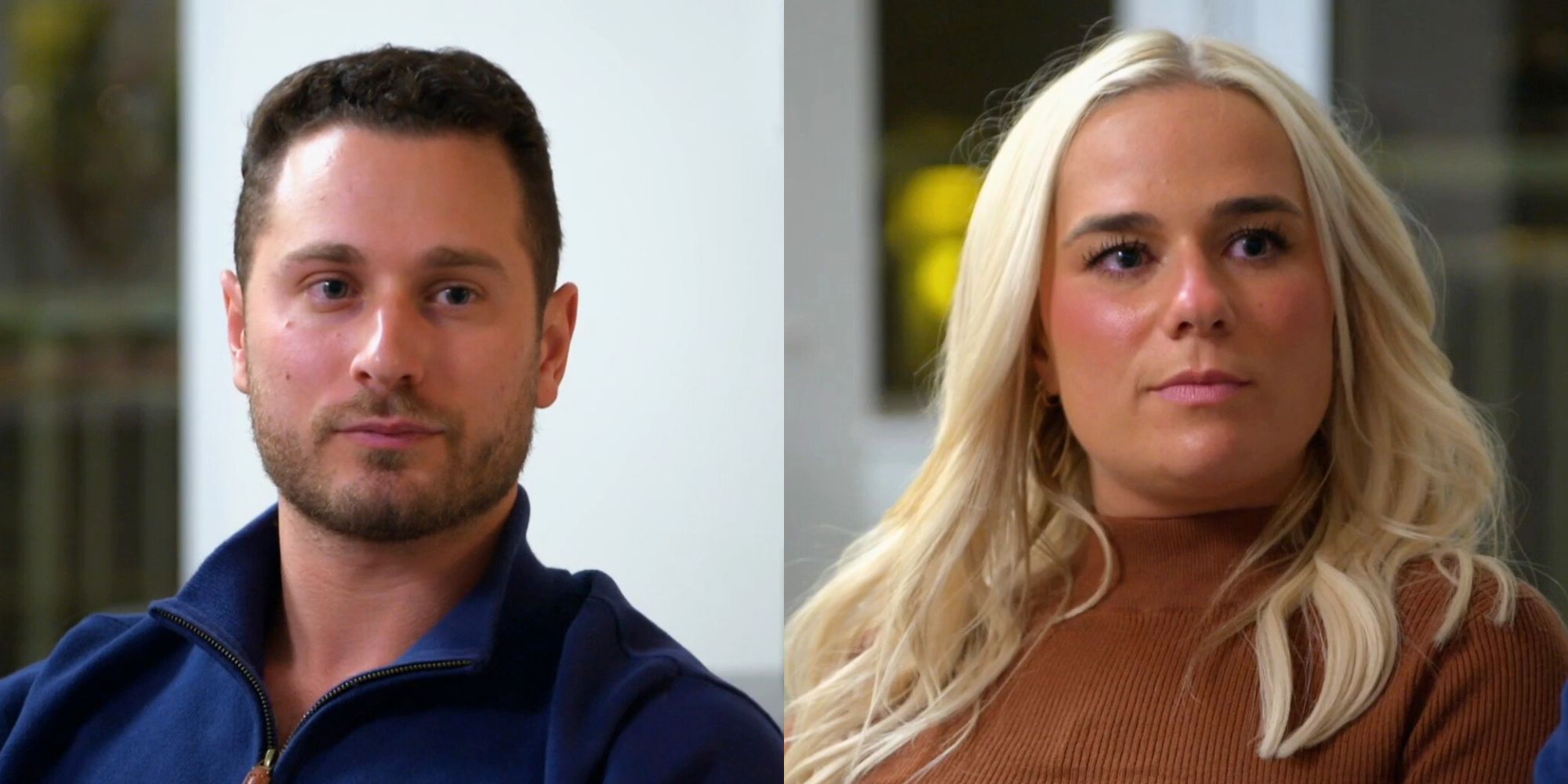 Emily y Brennan de Married at First Sight temporada 17, imágenes una al lado de la otra luciendo molestas