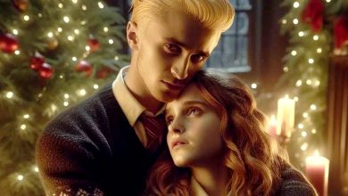 Hermione y Draco son una pareja festiva en el acogedor arte de Harry Potter