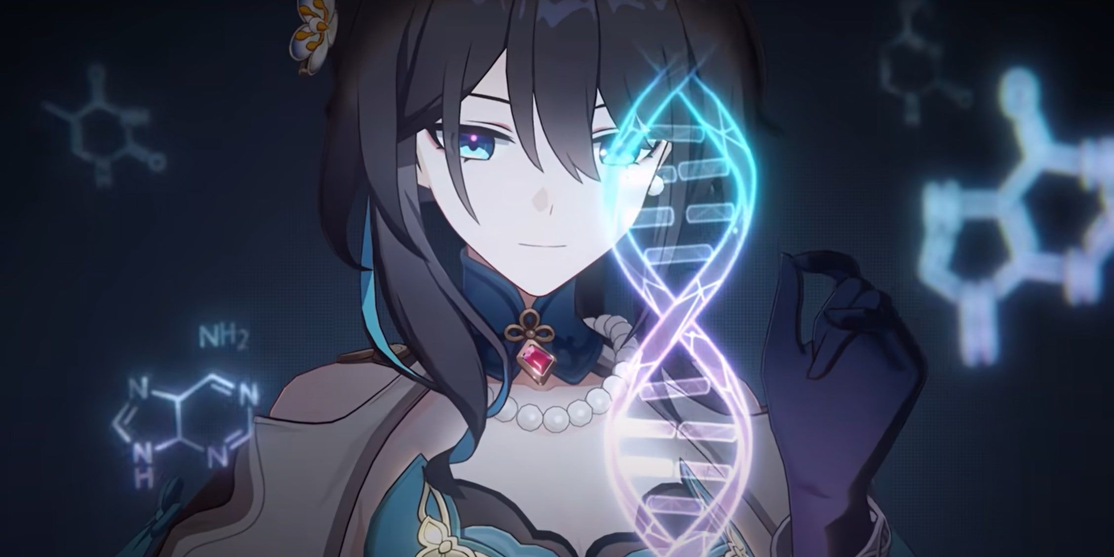 Ruan Mei examina una cepa holográfica de ADN azul y rosa con estructuras químicas que la rodean.