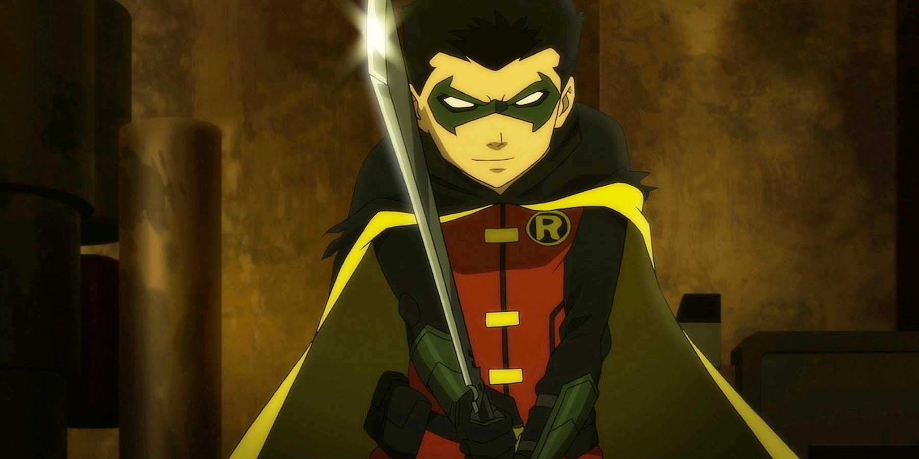 Damian Wayne, también conocido como Robin, sosteniendo una espada en la película animada El hijo de Batman.