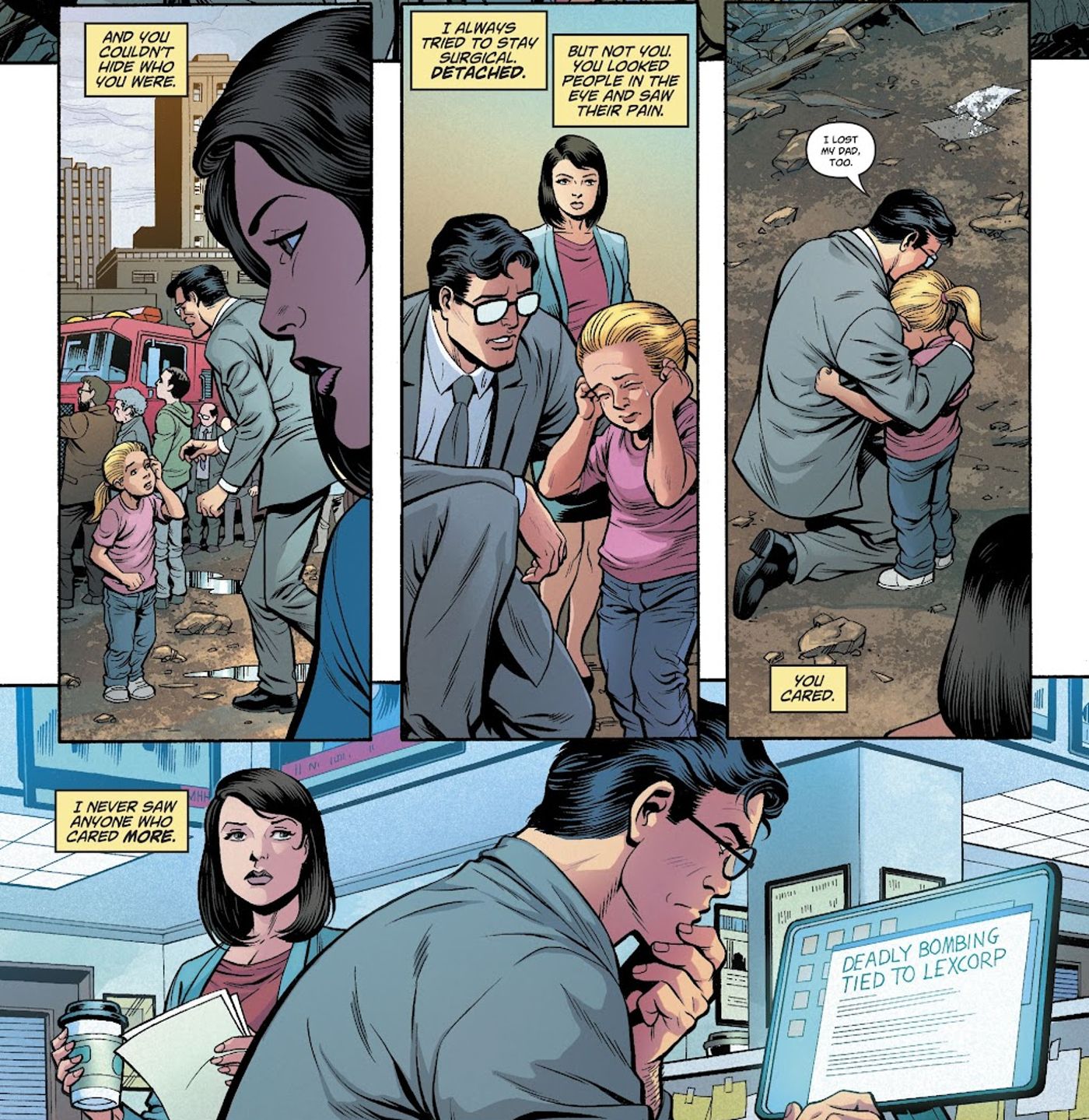 Misterios del amor en el espacio #1, Clark Kent abraza a un niño asustado y Lois Lane lo observa trabajar en un artículo del Daily Planet.