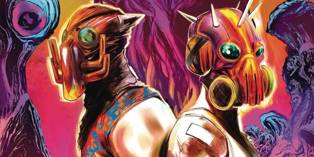 Featured Image: cropped Golgotha Motor Mountain cover, featuring protagonists in gas masks