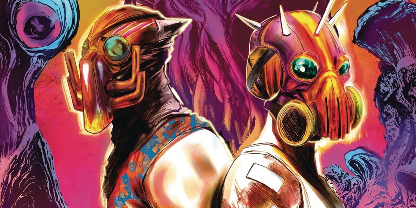 Featured Image: cropped Golgotha Motor Mountain cover, featuring protagonists in gas masks