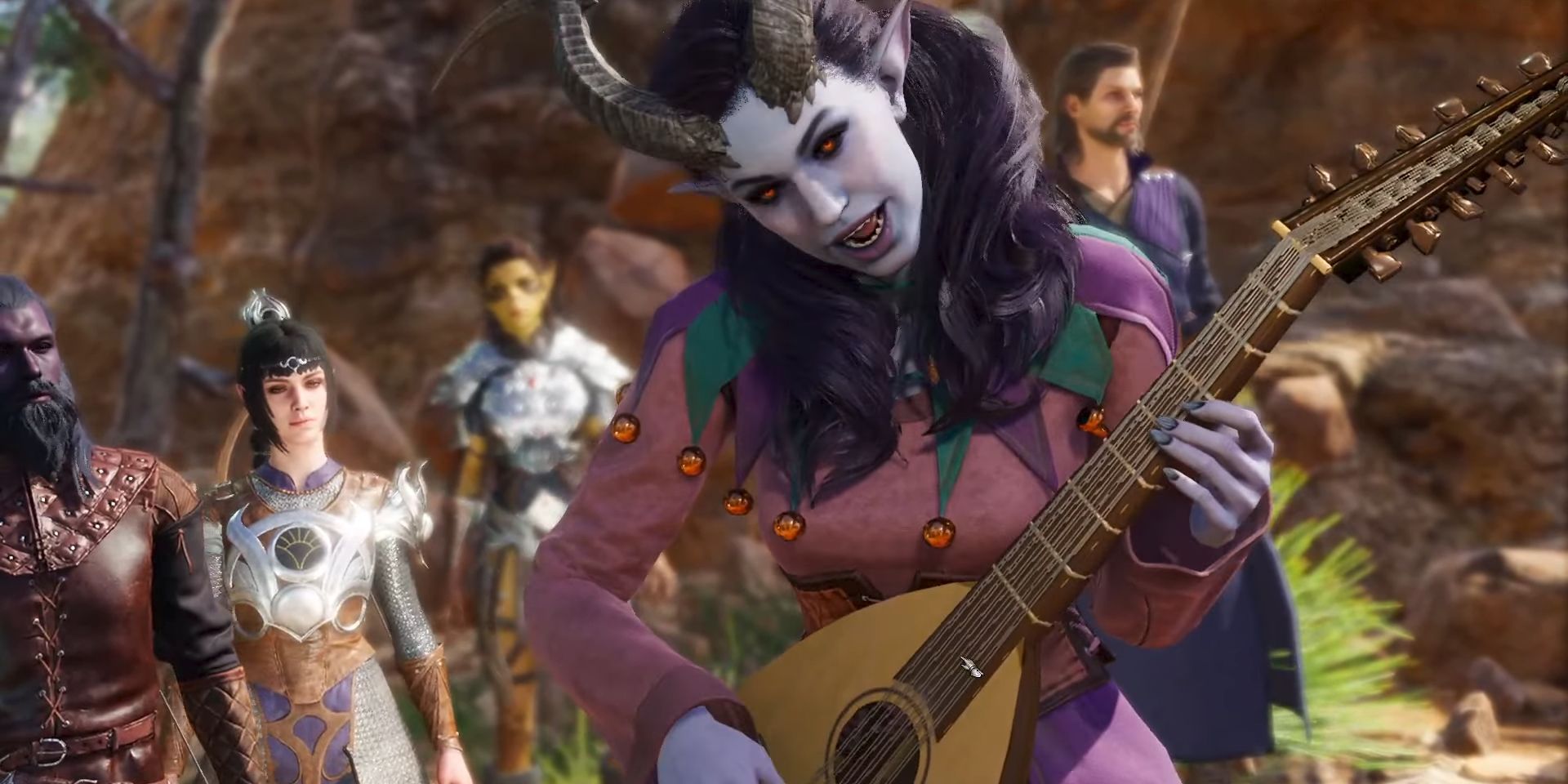 La bardo tiflin Alfira interpreta una canción con su laúd mientras Shadowheart, Lae'zel, Wyll y un personaje drow observan.