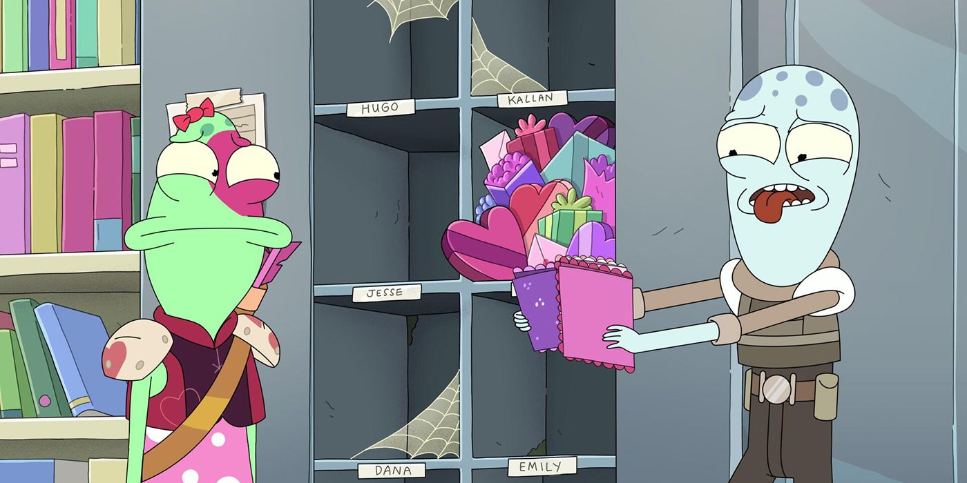 Jesse y Yumyulack frente a los cubículos en el especial del Día de San Valentín de Solar Opposites