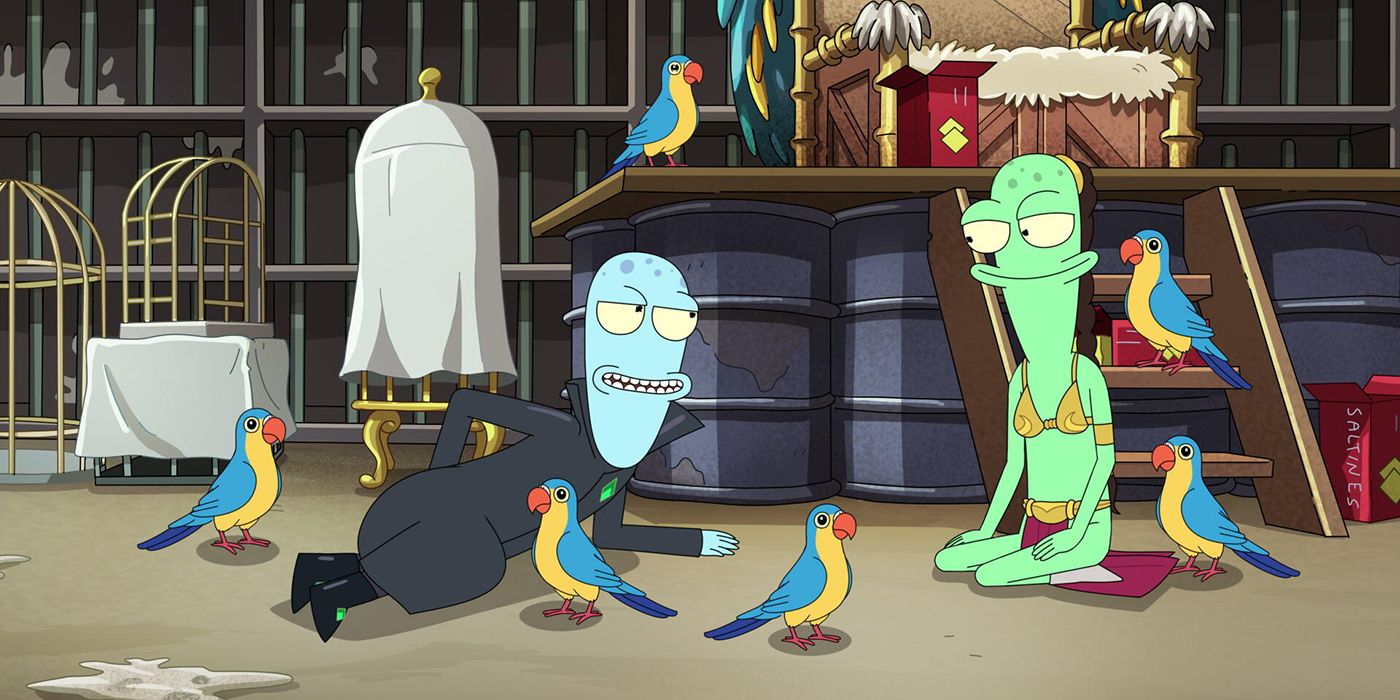 Korvo y Terry como los prisioneros de los loros en el especial de San Valentín de Solar Opposites