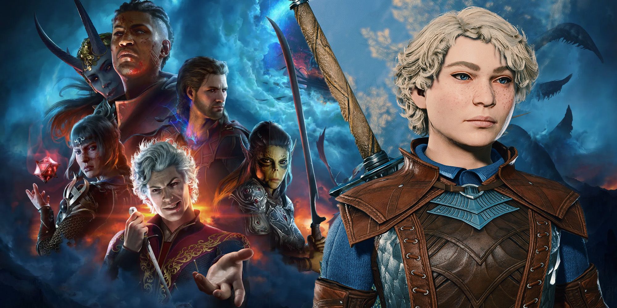 Una selección de varios personajes de Baldur's Gate 3 a la izquierda, con un primer plano superpuesto de un personaje con cabello rubio y armadura azul y de cuero a la derecha.