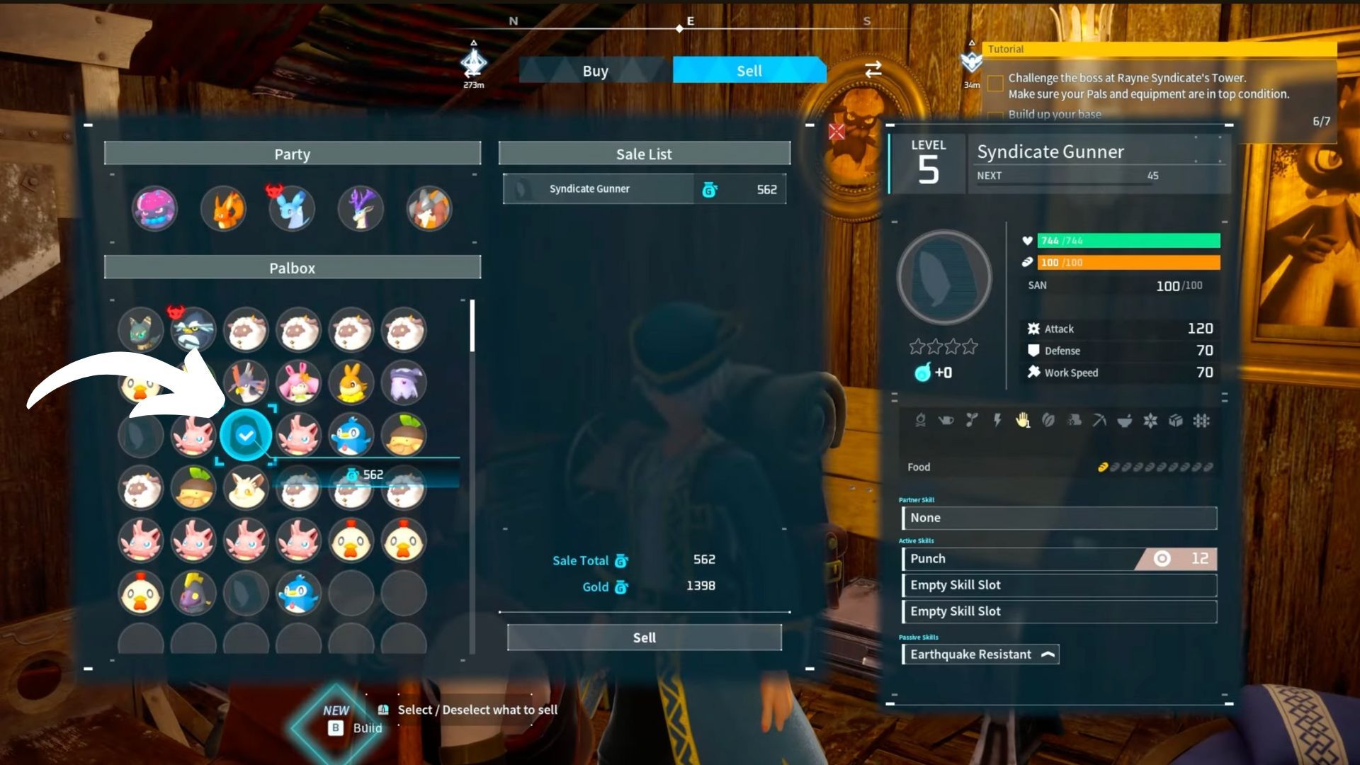 Opción de seleccionar humanos al vender a Pal Merchant en Palworld
