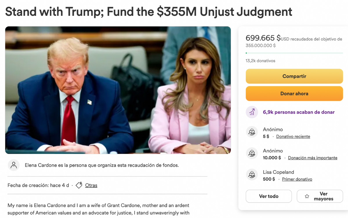 Lanzan campaña de GoFundMe para pagar la multa millonaria por fraude de Trump