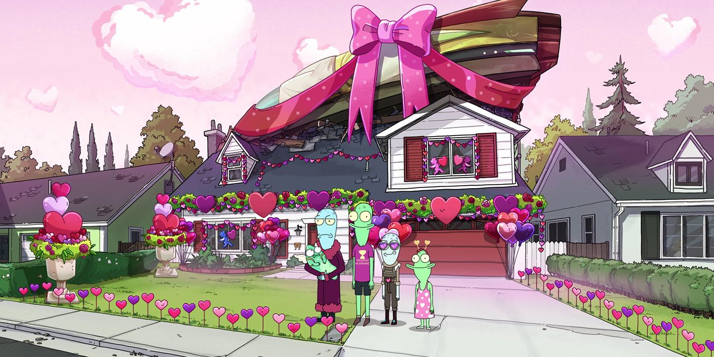 Korvo, Pupa, Terry, Yumyulack y Jesse frente a su casa en el especial de San Valentín de Solar Opposites