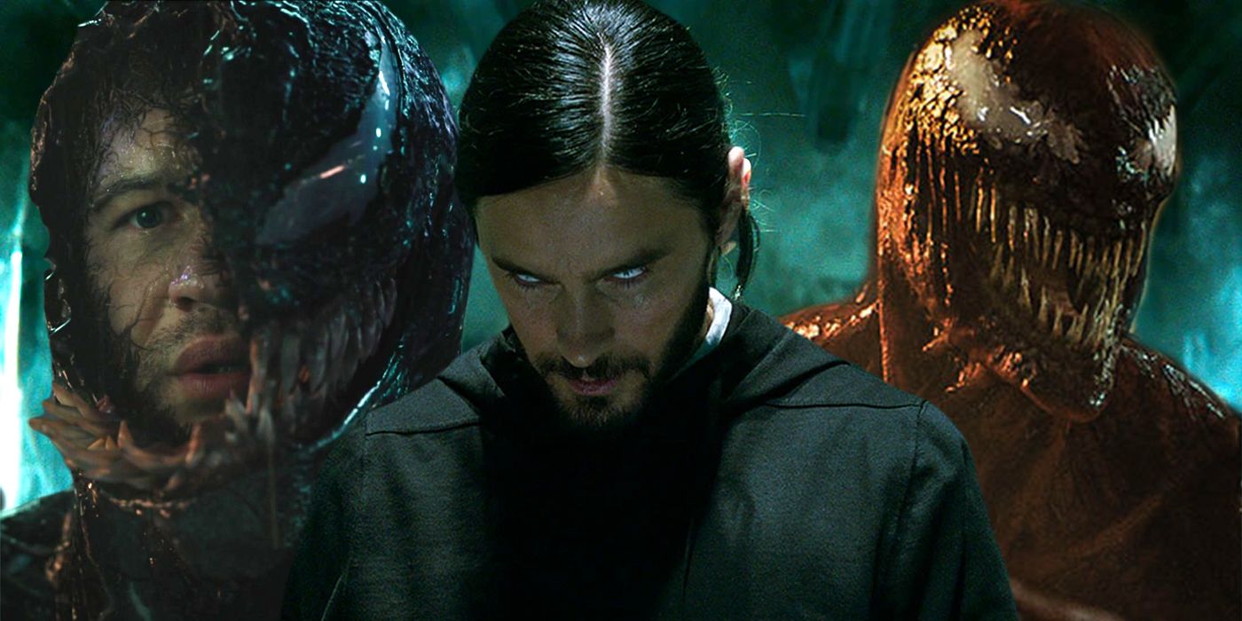 Imagen dividida de los personajes de Spider-Man Universe de Sony, Venom, Morbius y Carnage