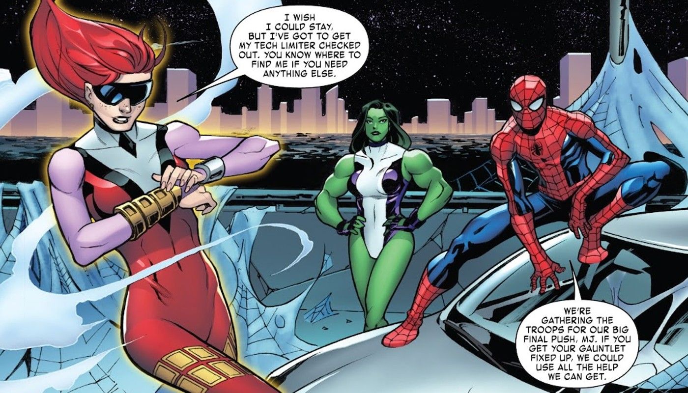 Jackpot #1, Spider-Man se refiere casualmente a Jackpot por su nombre real 