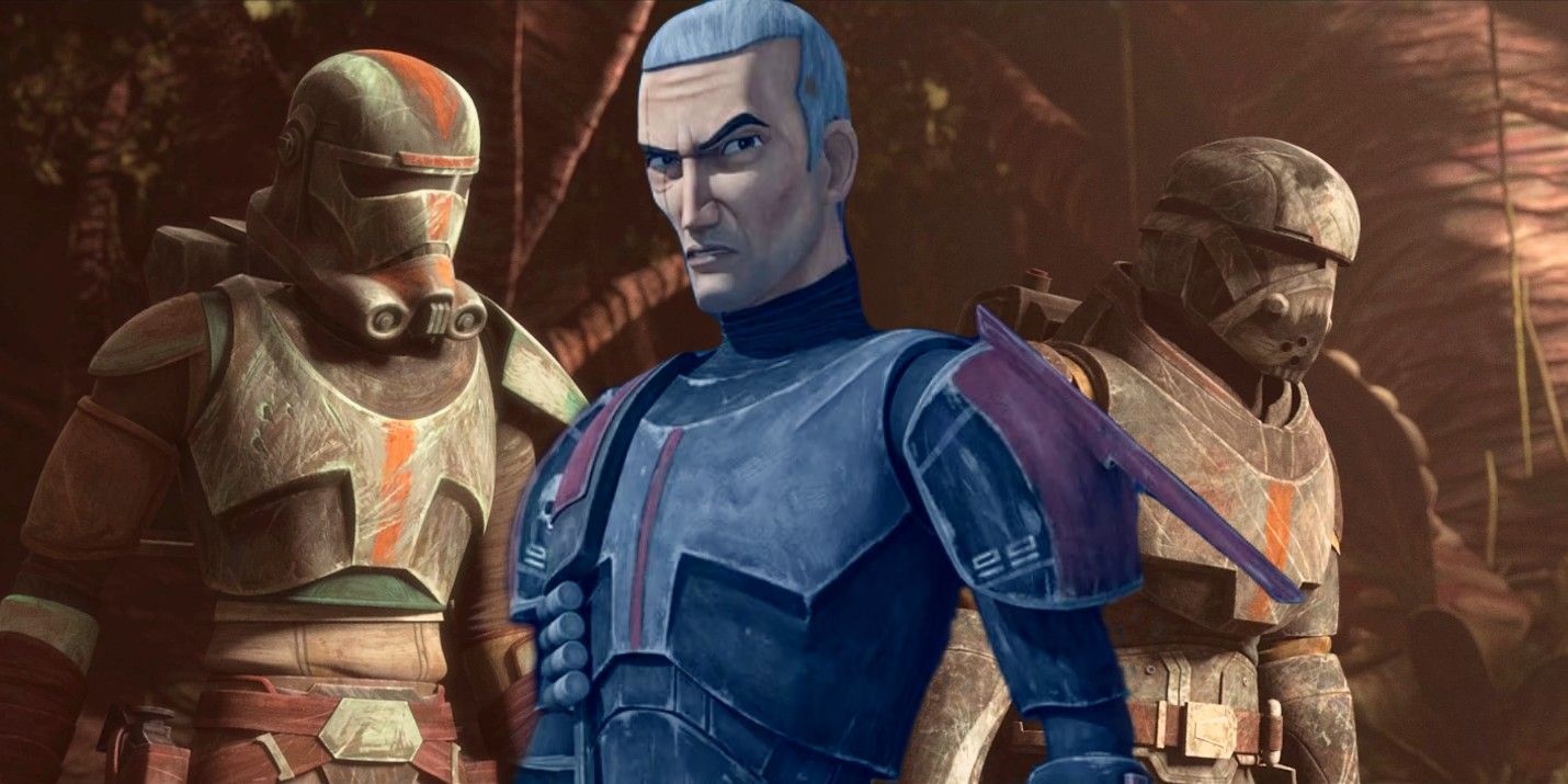 Crosshair con su armadura Clone Force 99 de la temporada 1 de The Bad Batch parado frente a Hunter y Wrecker con una armadura más deteriorada y fragmentada del episodio 2 de la temporada 3 de The Bad Batch