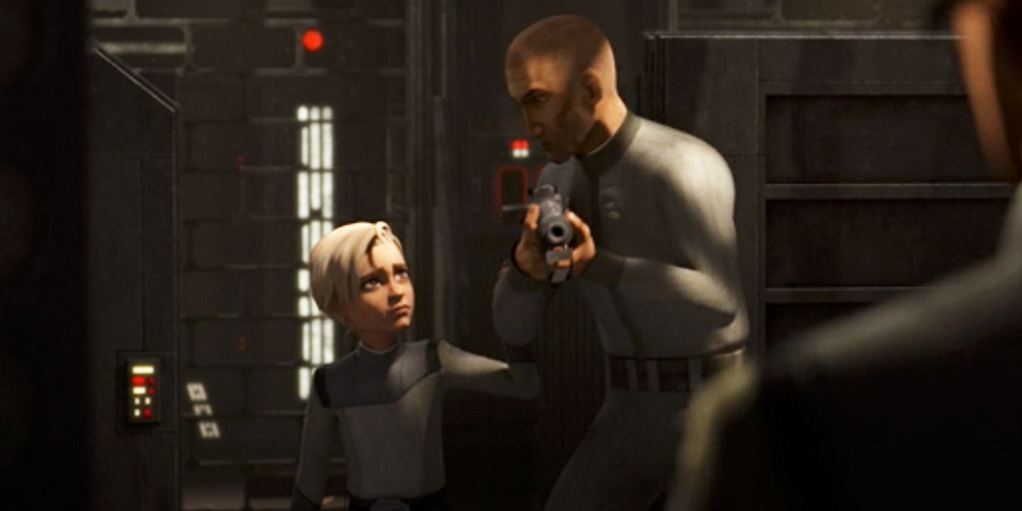 Omega evita que Crosshair dispare su desintegrador a Emerie Karr en The Bad Batch temporada 3, episodio 3