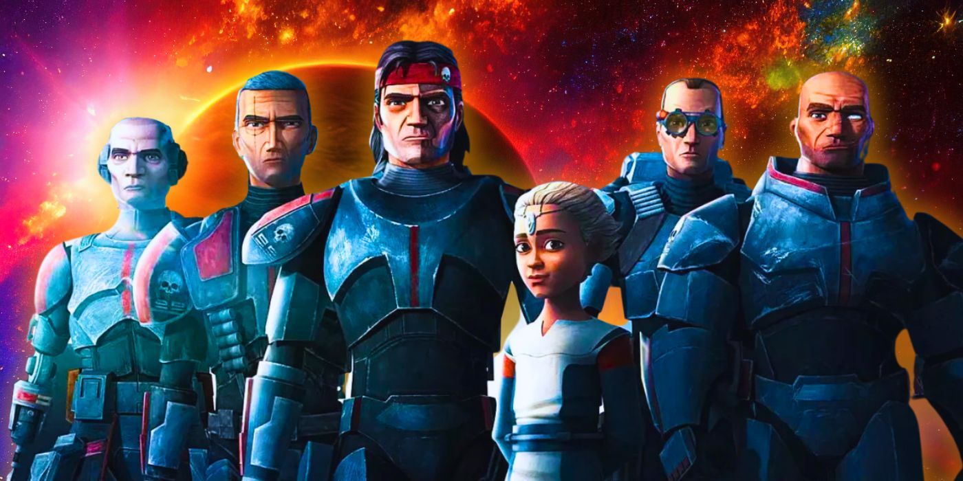 Echo, Crosshair, Hunter, Omega, Tech y Wrecker están juntos en The Bad Batch, editado sobre un fondo de galaxia roja.