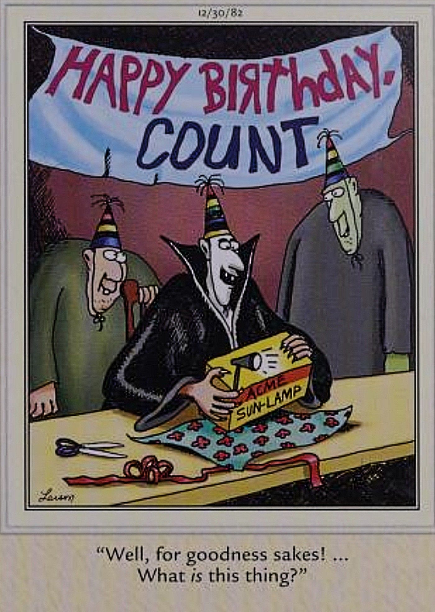 Far Side, los amigos de Drácula le regalan una lámpara solar por su cumpleaños