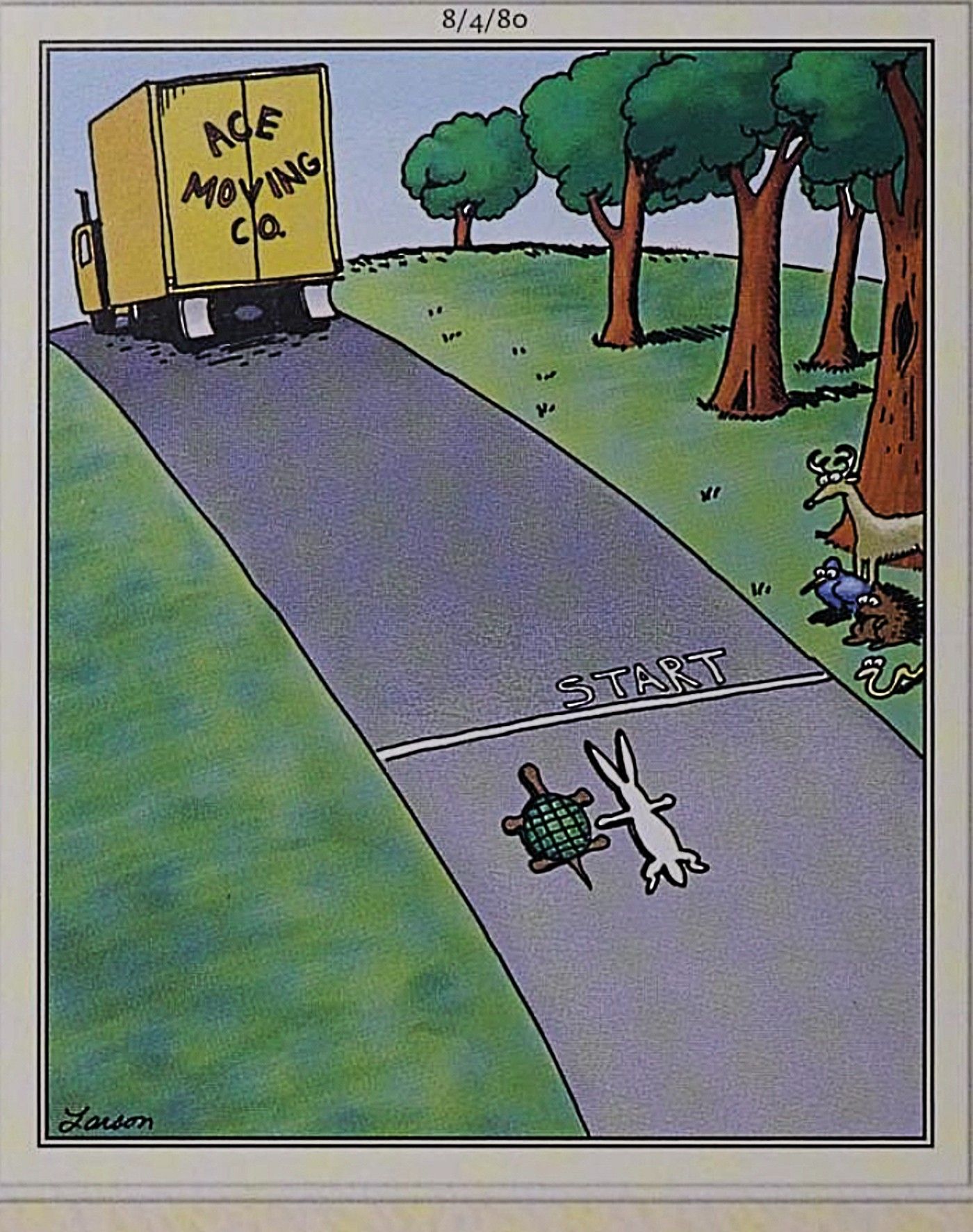Far Side, camión de Acme Moving Company atropella a una tortuga y una liebre