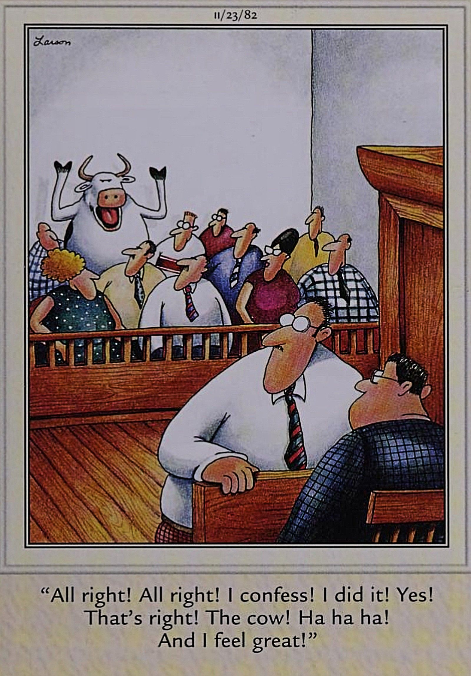 The Far Side, una sorprendente confesión judicial de una vaca sentada entre el jurado