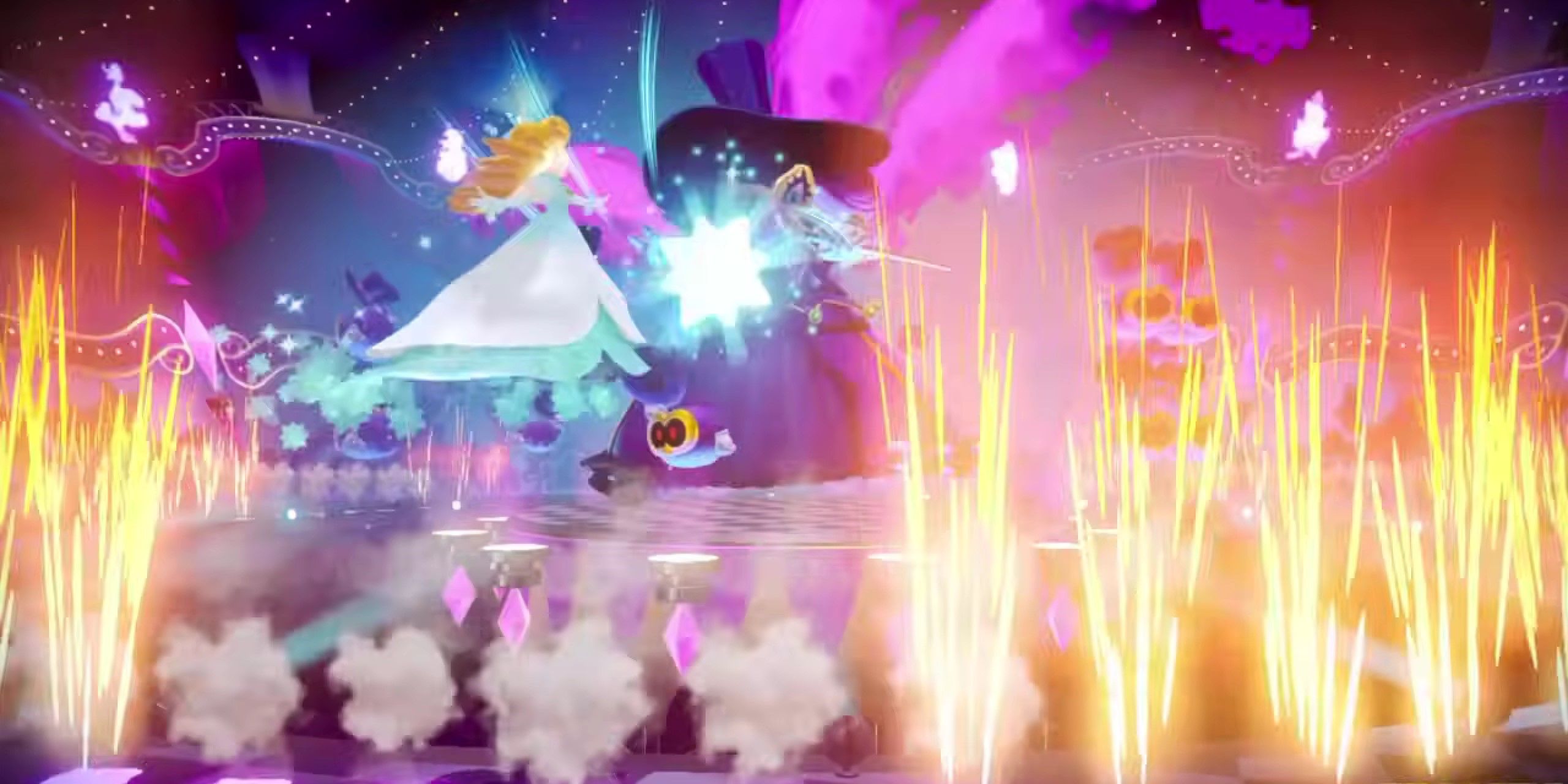 Melocotón radiante de La princesa Peach: ¡Hora del espectáculo!  disparando estallidos de estrellas a Madame Grape en la distancia, mientras está rodeado de pirotecnia con bengalas.