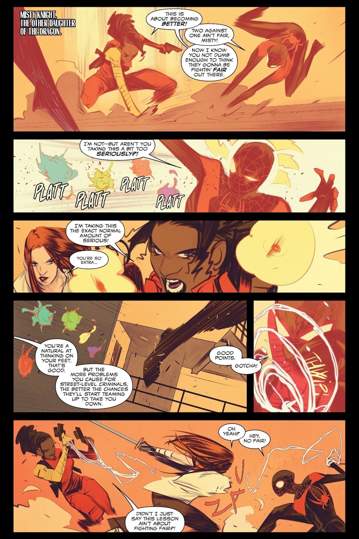 Miles Morales Spider-Man entrena con las hijas del dragón Misty Knight y Colleen Wing