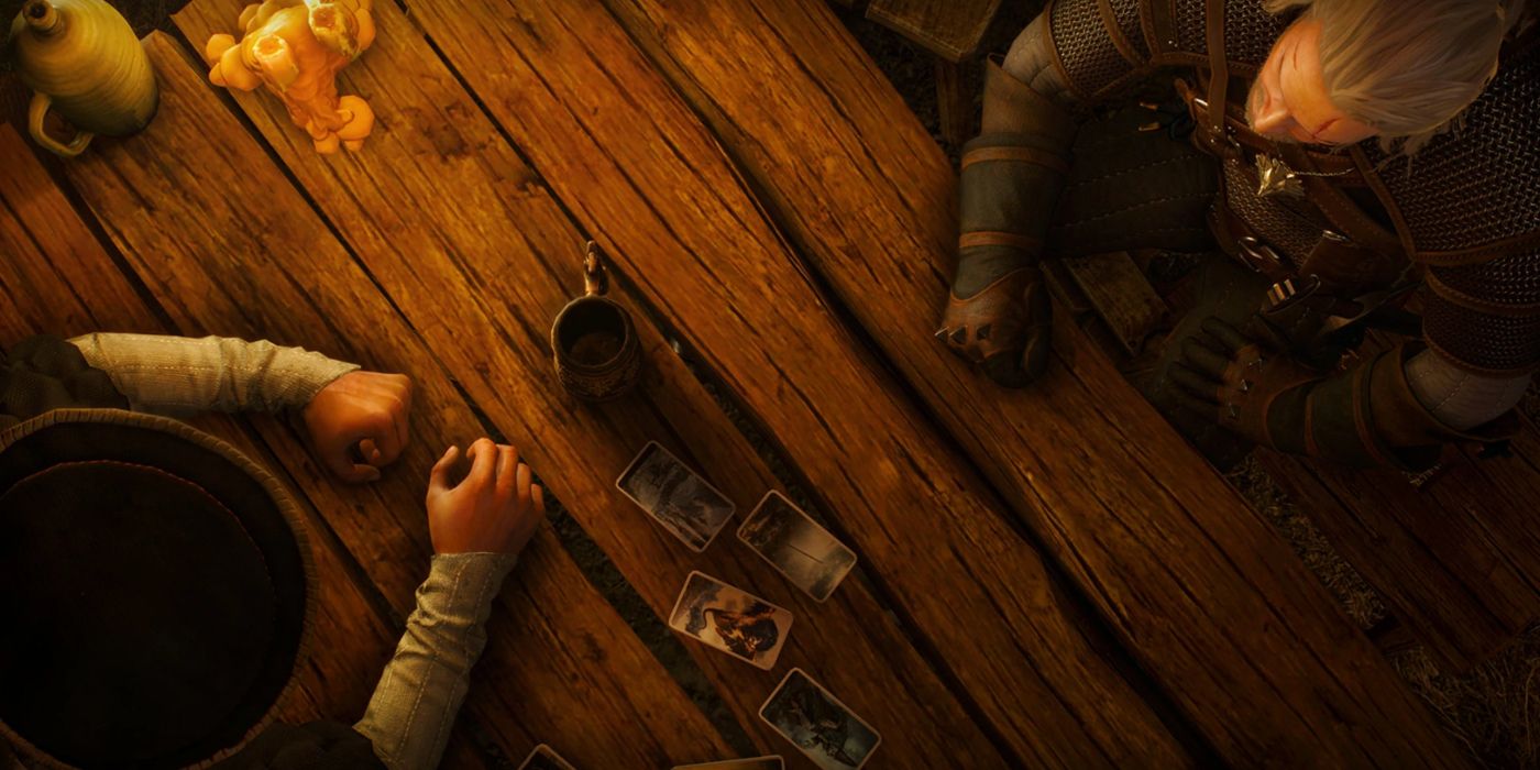 Imagen aérea de Geralt sentado con alguien para interpretar a Gwent.