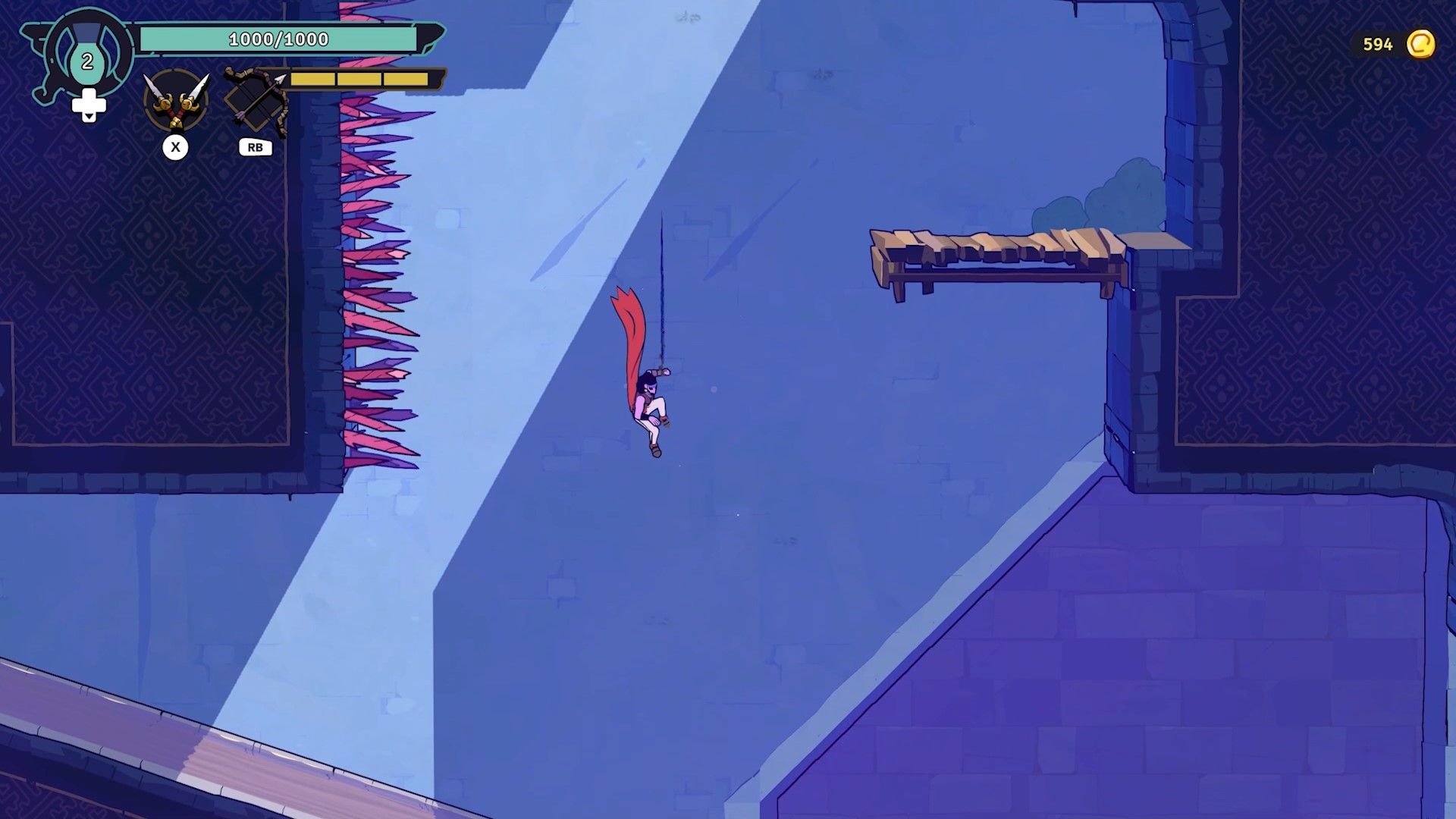 Embargo 10 de abril de 2024 10:45 am PDT La captura de pantalla de Rogue Prince of Persia muestra al Príncipe Púrpura deslizándose por una pared con su cuchillo incrustado en su interior.