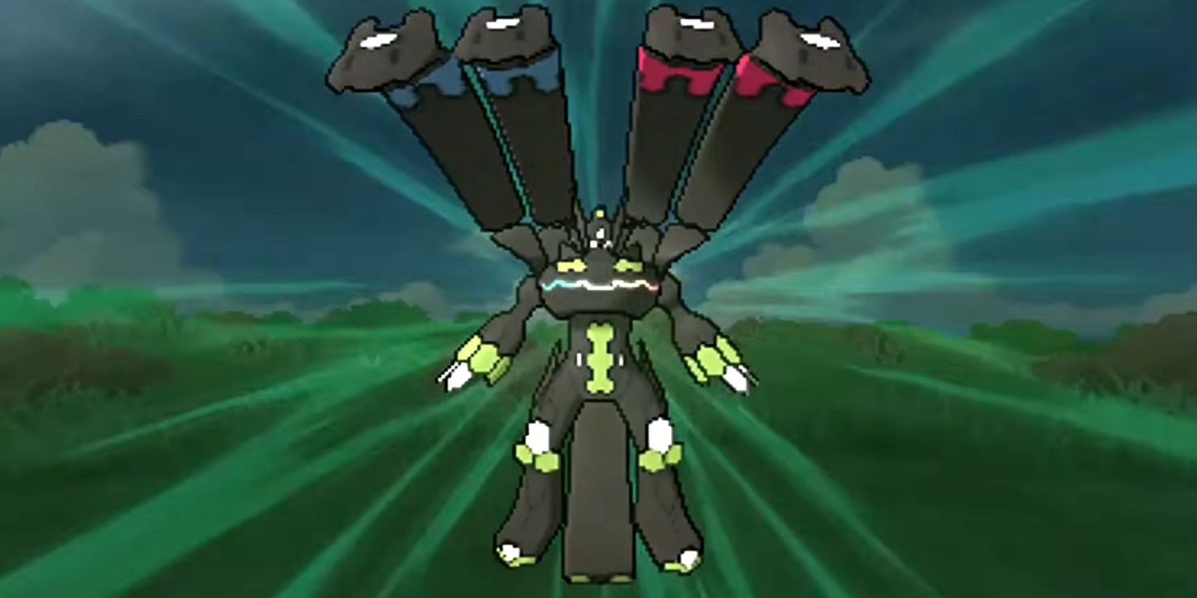 Zygarde Complete haciendo una pose en Pokémon Sol y Luna