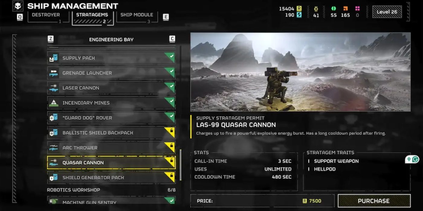 Jugador desbloqueando la estratagema LAS-99 Quasar Cannon en Helldivers 2.