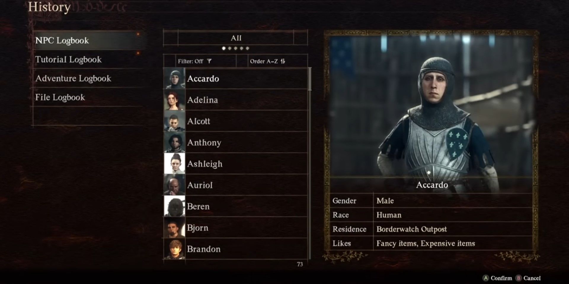 La pantalla del Libro de registro de NPC de Dragon's Dogma 2.