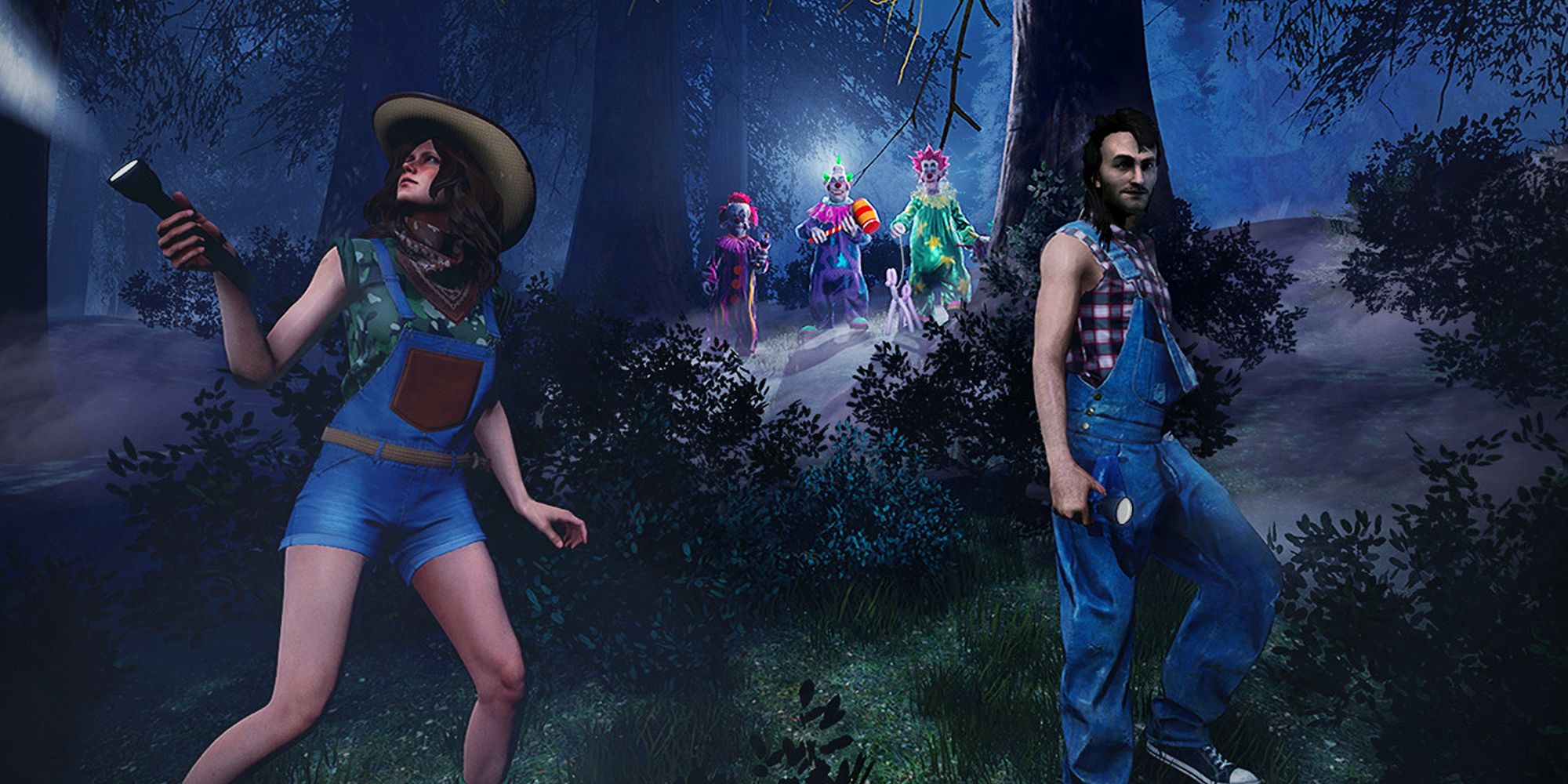 Payasos cazando humanos en el bosque.