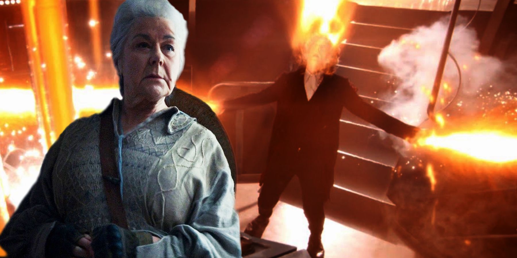 Barbara Flynn como Tecteun en Doctor Who y Jodie Whittaker regenerándose