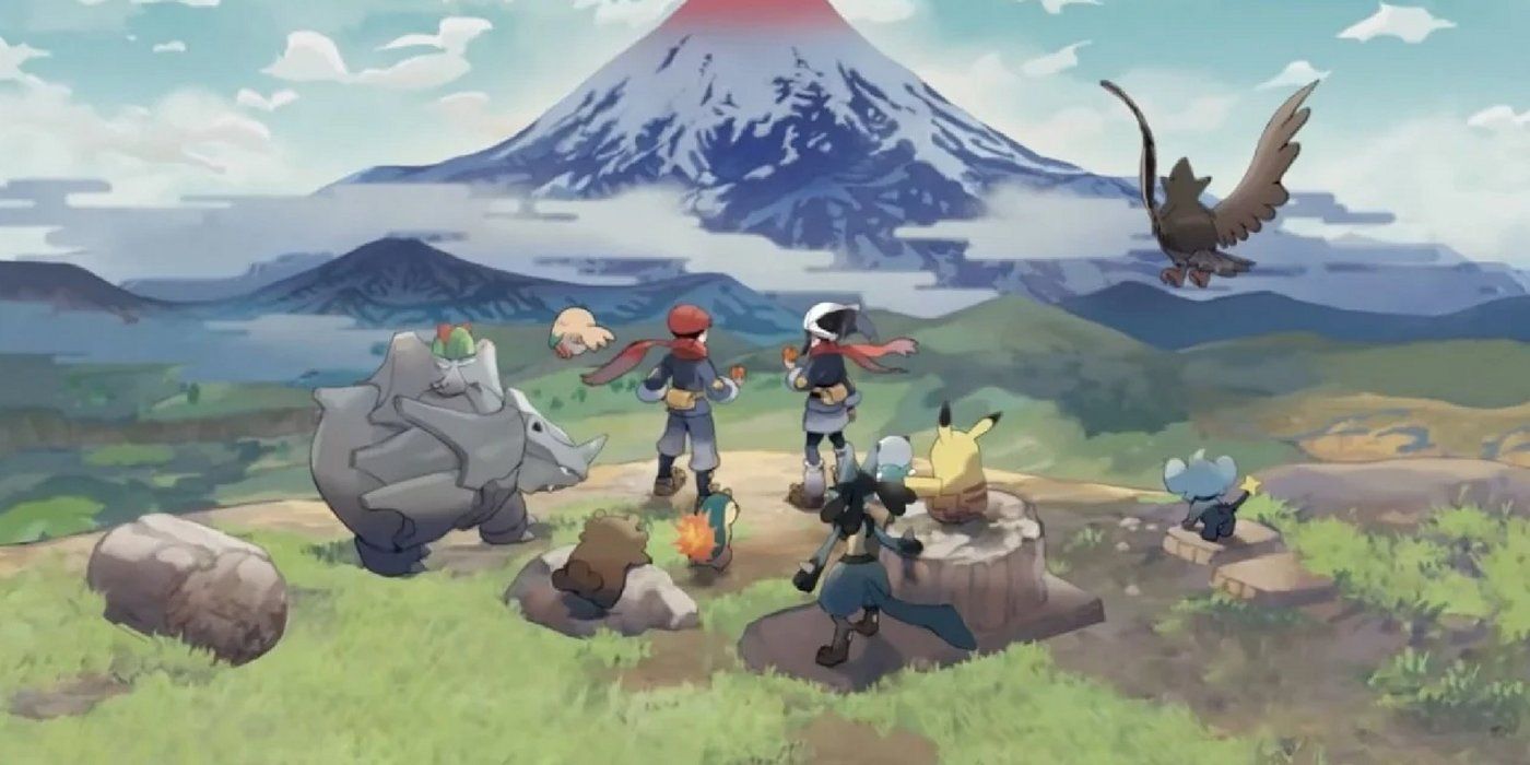 Arte promocional de Pokémon Legends: Arceus con dos entrenadores rodeados de Pokémon y mirando lejos de la cámara hacia una montaña a lo lejos.