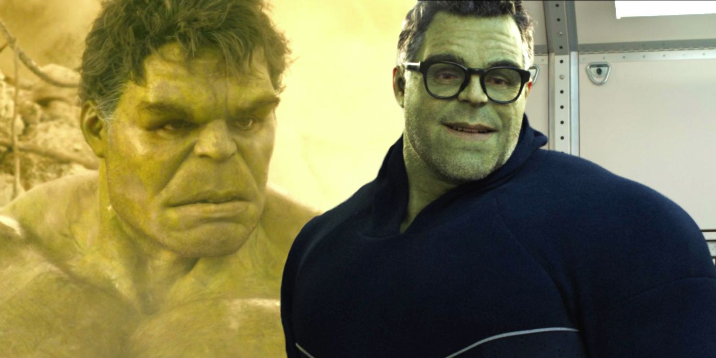 Imagen dividida de Mark Ruffalo como Hulk en Avengers: Age of Ultron y como Smart Hulk en Avengers: Endgame