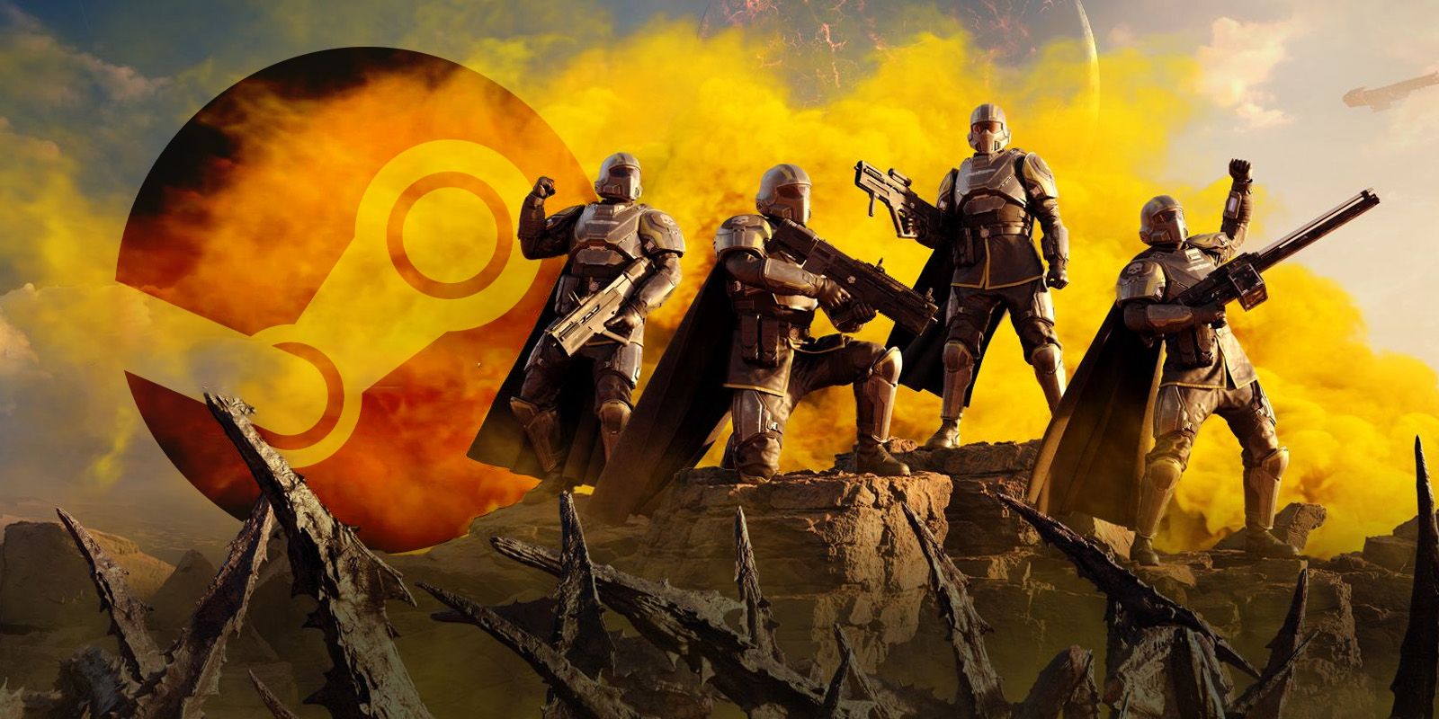 Un grupo de soldados de ciencia ficción fuertemente armados, Helldivers, parados en una colina.  El logotipo de Steam se ha editado en segundo plano.