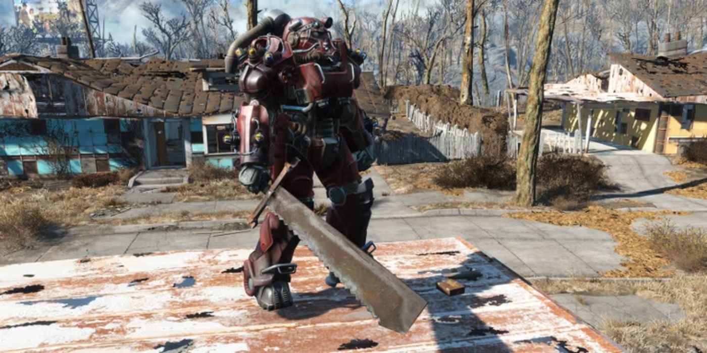 Jugador empuñando una espada dentro de una servoarmadura en Fallout 4.