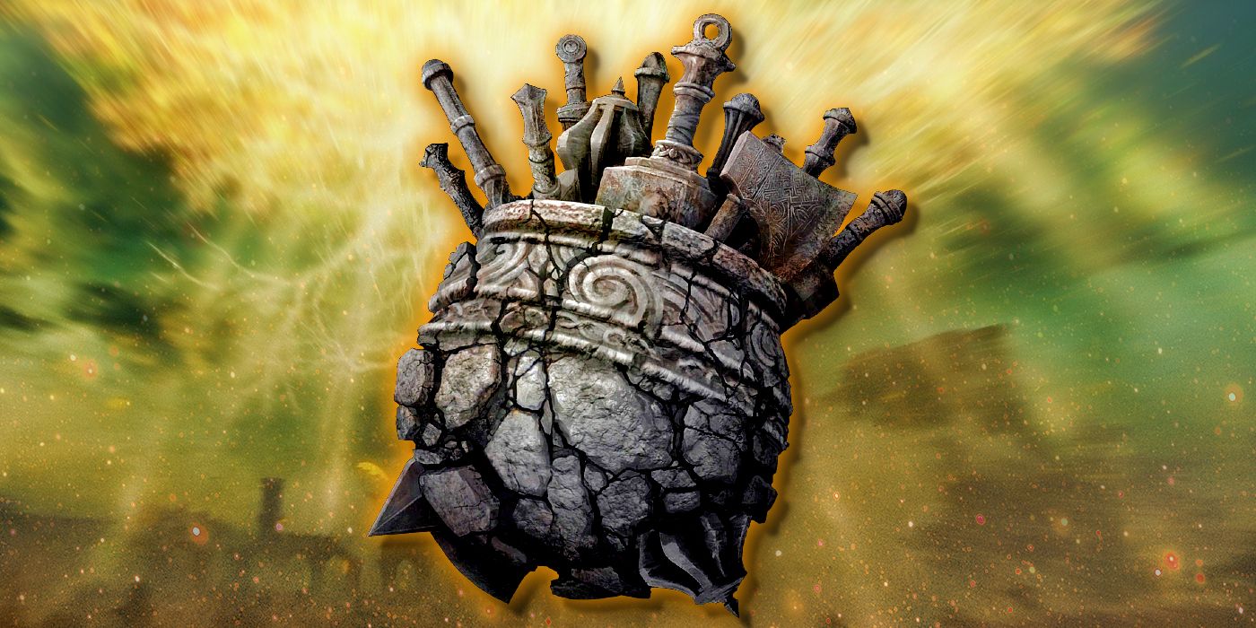 Talismán del Arsenal del Gran Jarro de Elden Ring con el Erdtree borroso en el fondo.