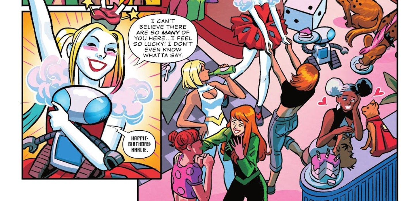 Power Girl, Streaky, Omen y otros amigos en la fiesta de cumpleaños de Harley Quinn.