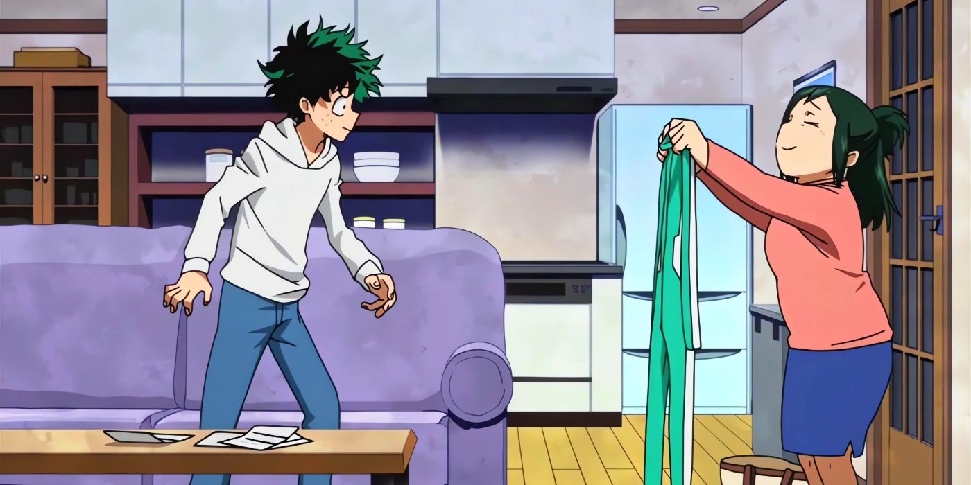 Inko le regala a Deku su primer disfraz de héroe, que ella misma hizo a mano.