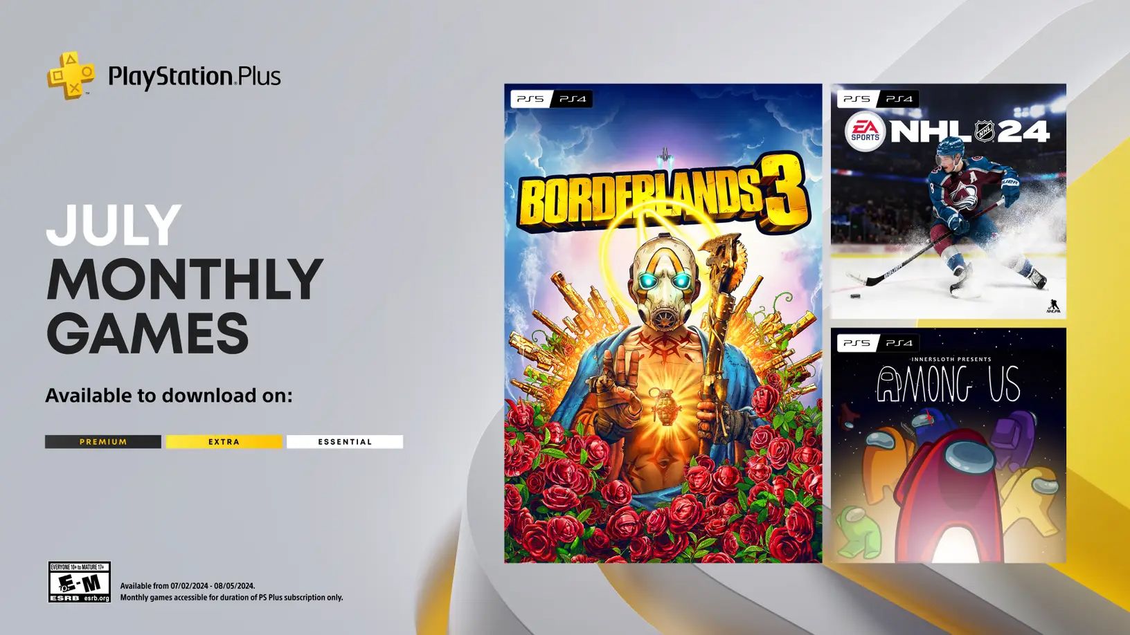 Juegos mensuales de PlayStation Plus para julio de 2024, que incluyen Borderlands 3, NHL 24 y Among Us, todos en PS4 y PS5