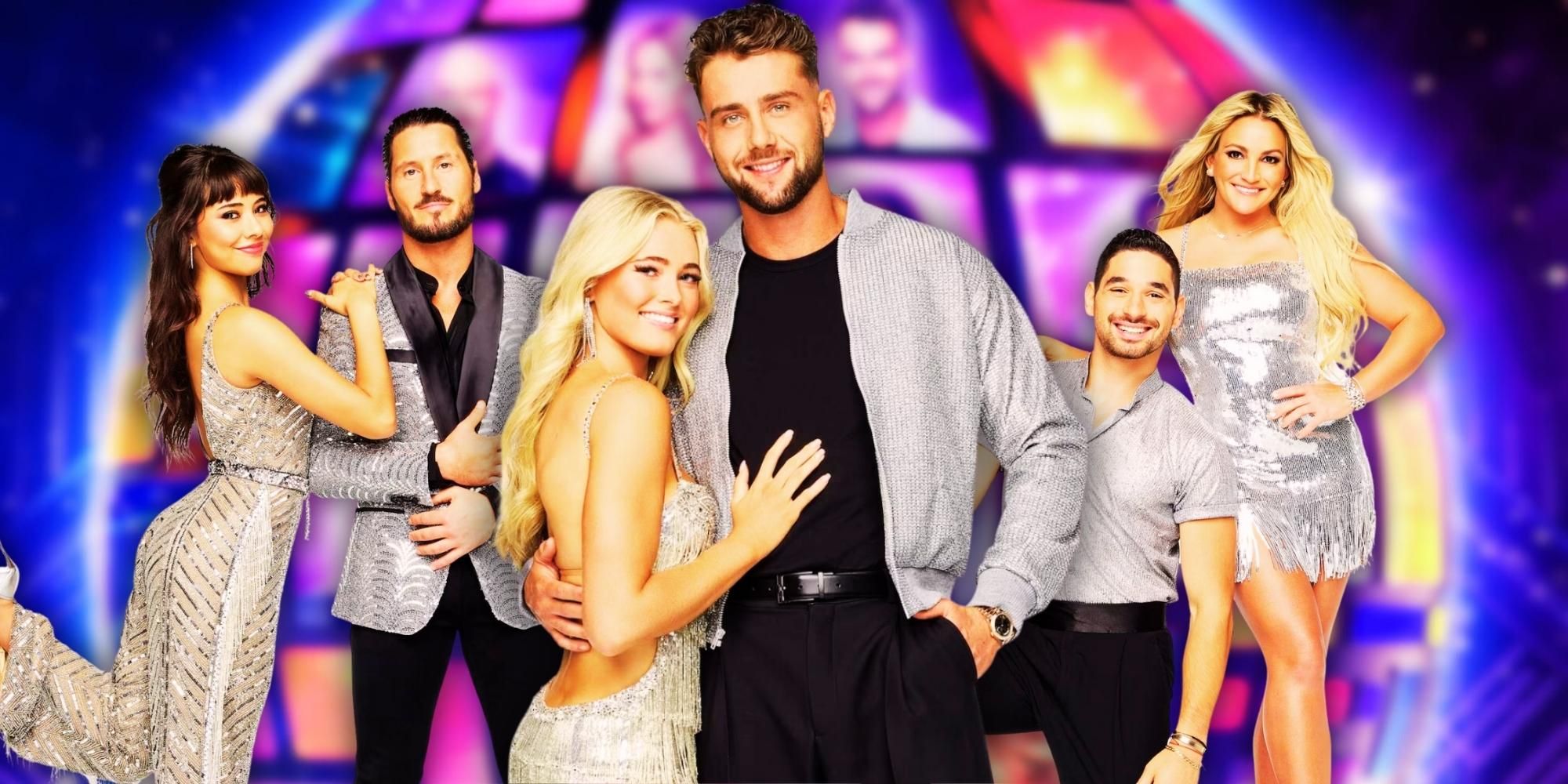 Los miembros del elenco de la temporada 32 de Dancing With The Stars, Xochitl Gomez y Val Chmerkovskiy, Harry Jowsey y Rylee Arnold, y Jamie Lynn Spears y Alan Bersten posando juntos