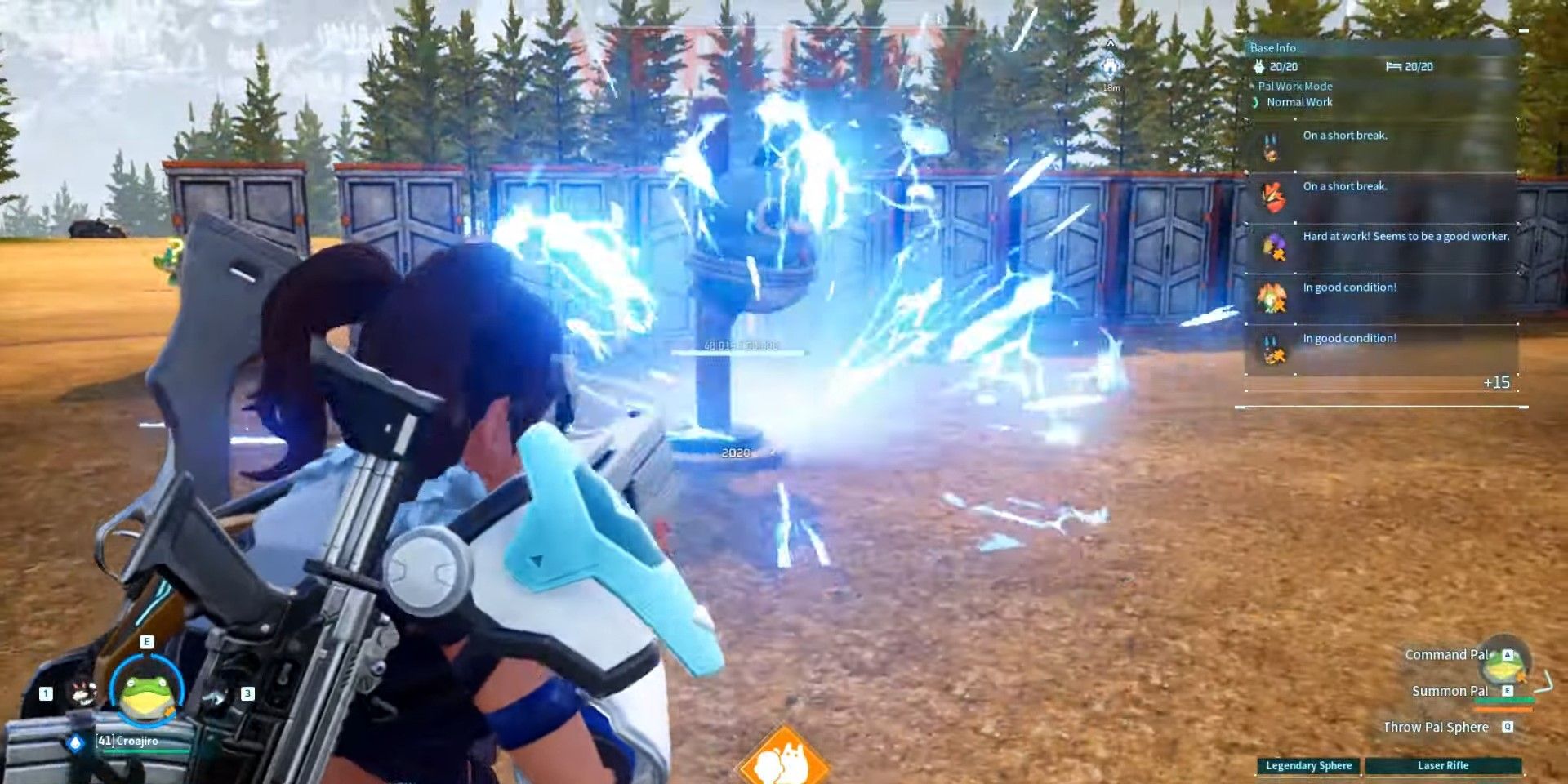 Usando un rifle láser en un muñeco de entrenamiento en Palworld