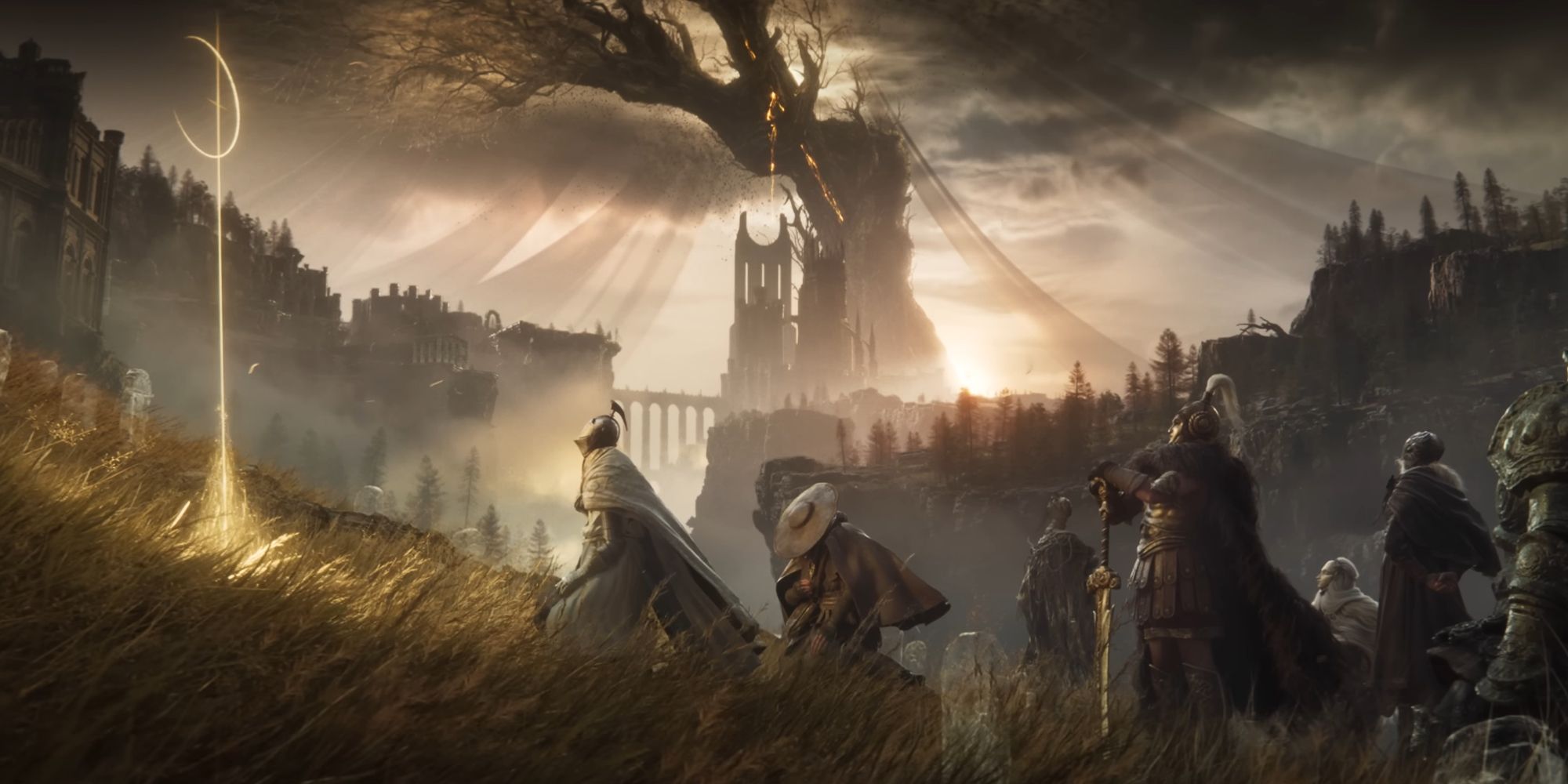 Un grupo de personajes se reúnen, arrodillados frente a una runa dorada. Al fondo, se ve el árbol que gotea oro en la Tierra de las Sombras.