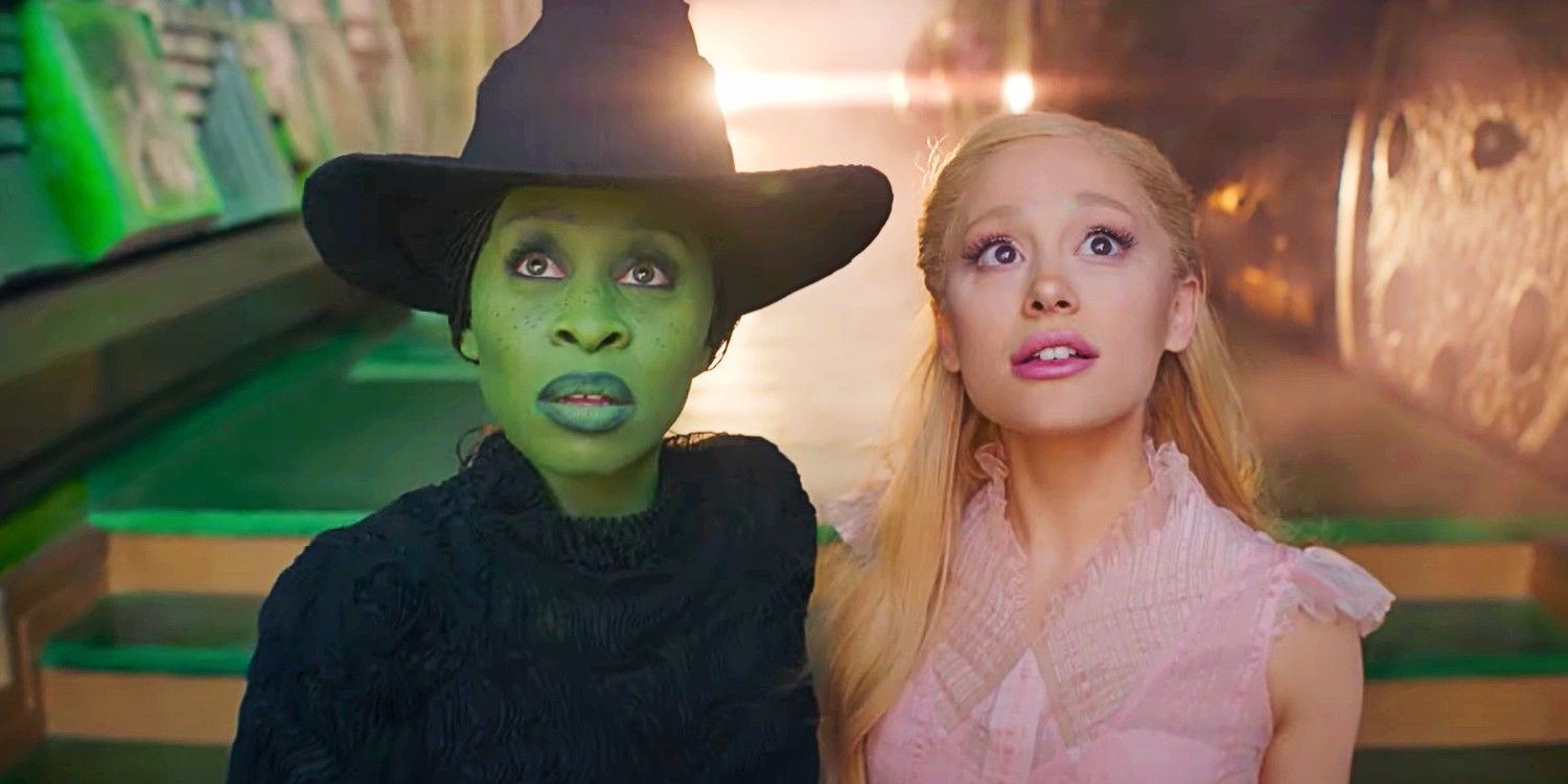 Elphaba (Cynthia Erivo) y Glinda (Ariana Grande) mirando hacia arriba en Wicked