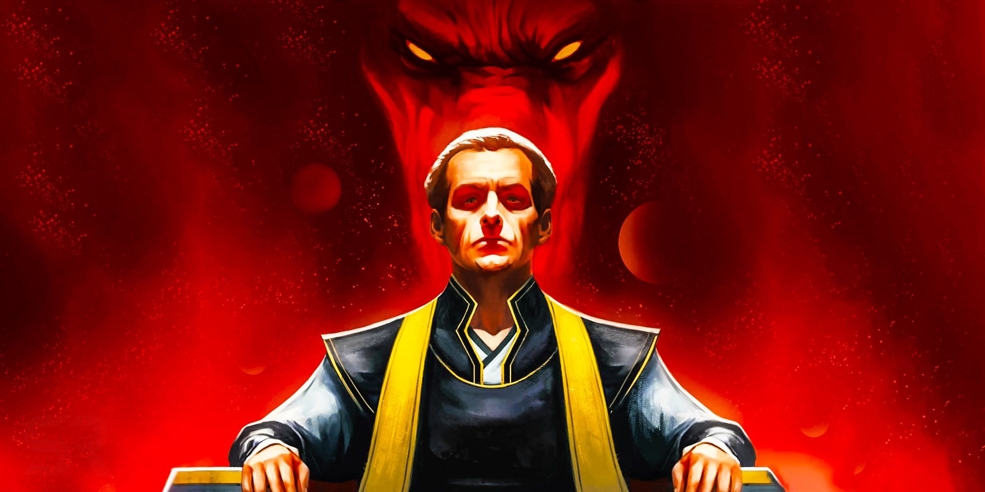 Darth Plagueis y Palpatine en una imagen con el rostro de Plagueis apareciendo en el fondo en un tono rojo y Palpatine mirando hacia adelante.