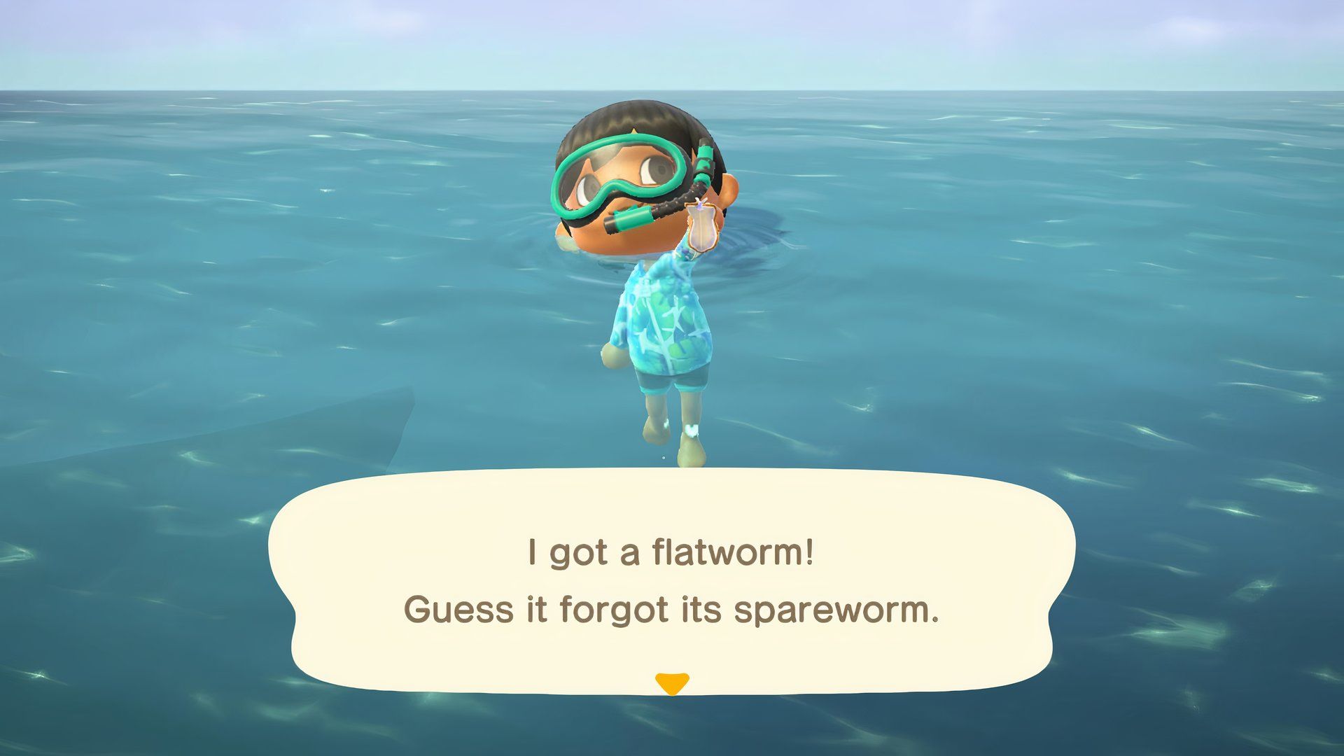 Jugador masculino muestra un platelminto en Animal Crossing New Horizons