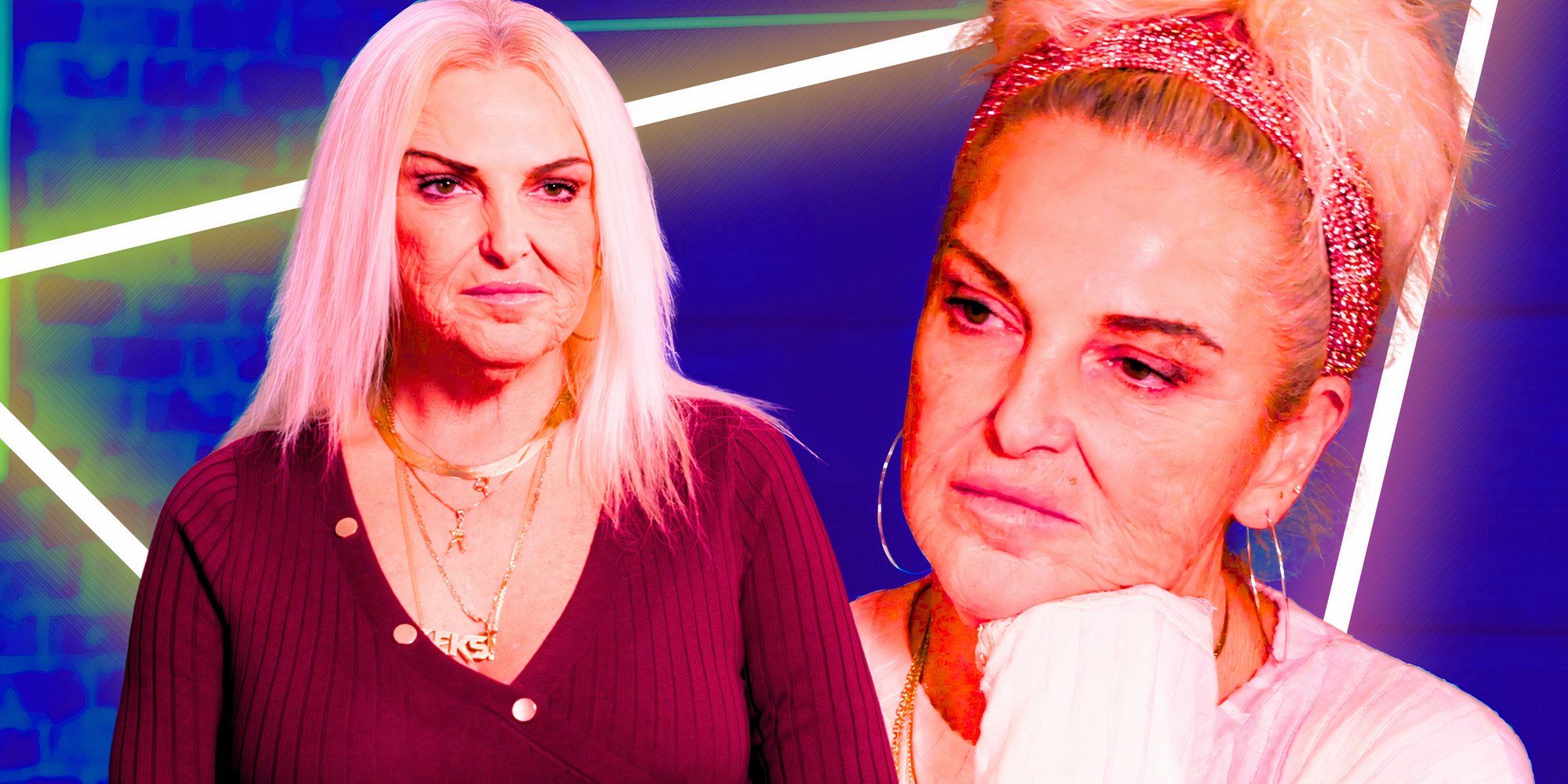 Angela Deem, prometida de 90 días, con una camiseta granate y aspecto enfadado, y una foto de ella triste de fondo